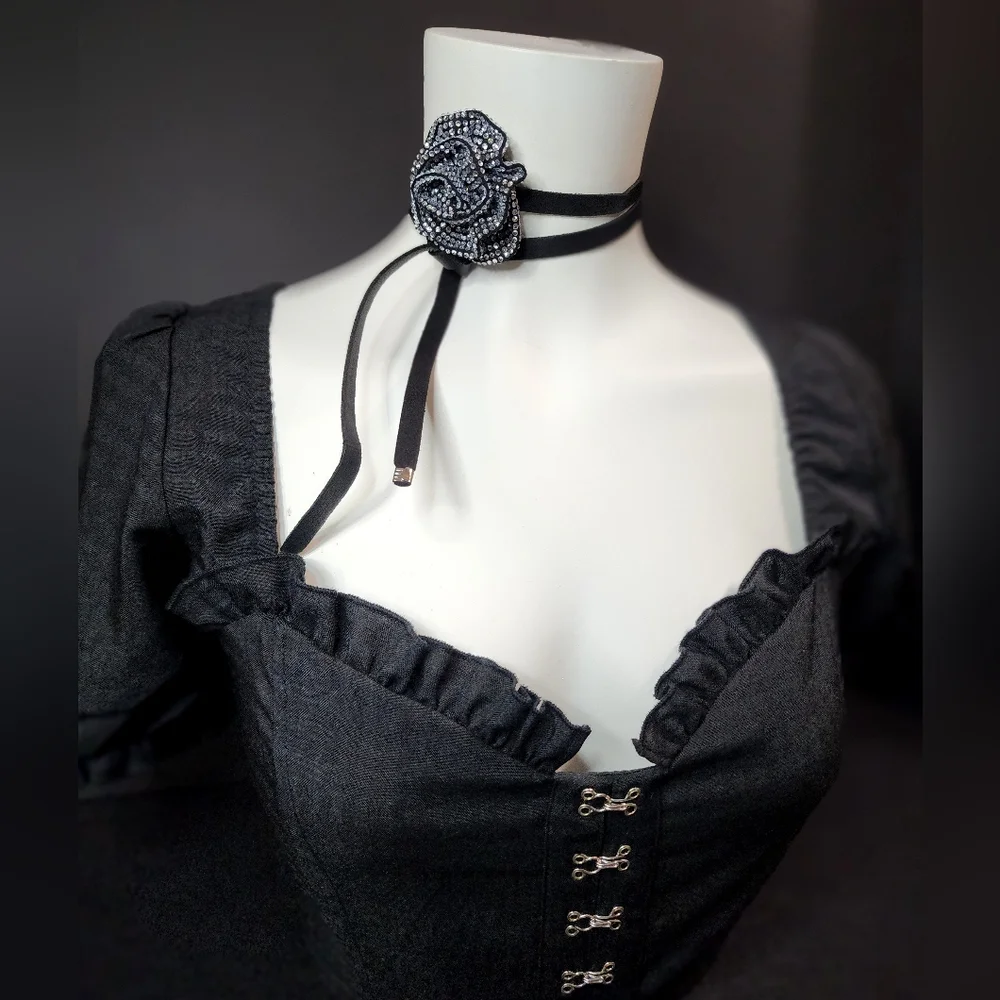 Black Rhinstone Rose Long Wrap Choker Necklace